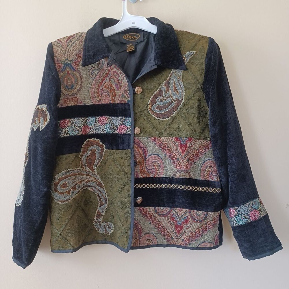 Alex Kim Blazer Jacket Womens Medium Multi Chenille Collar Boho Artsy Tapestry